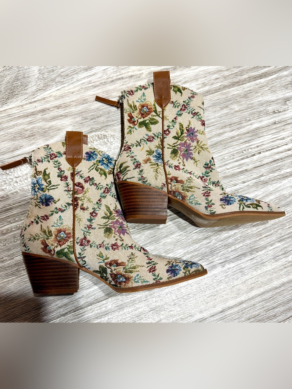 Altar’d State Floral Demi Tapestry Zip Block Heel Pointed Toe Boots 8